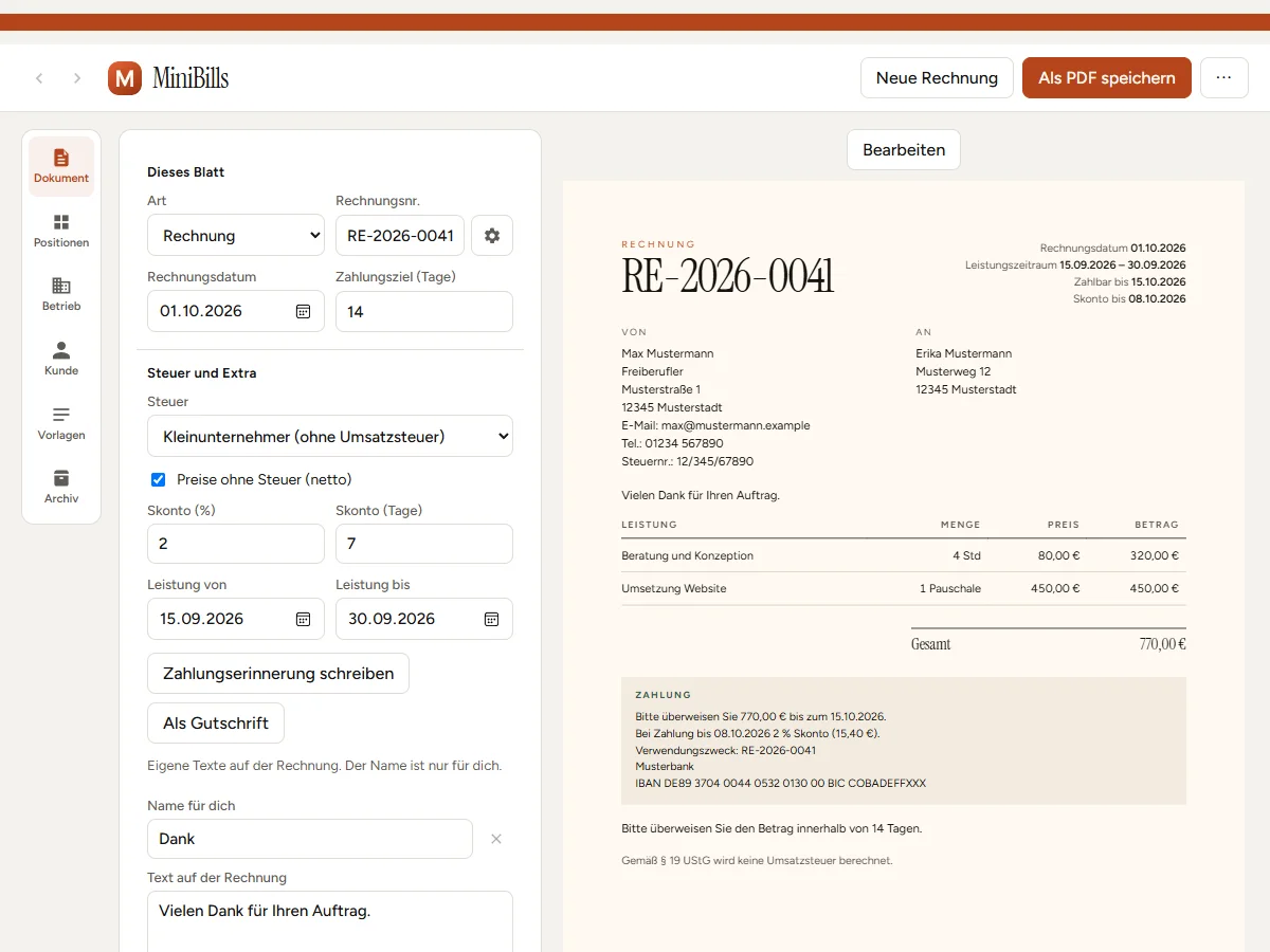 MiniBills: links Navigation und Formular, rechts die Rechnungsvorschau