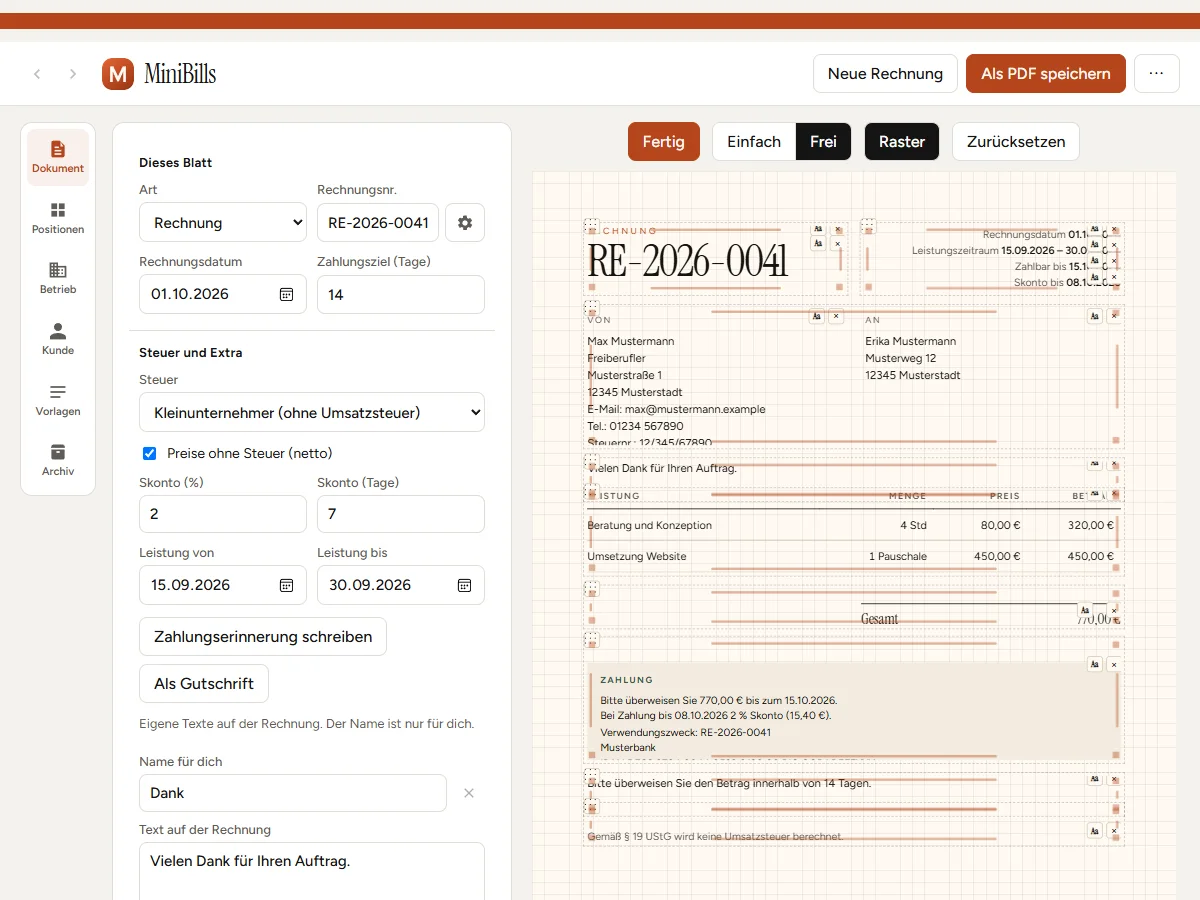 Rechnungslayout in MiniBills bearbeiten